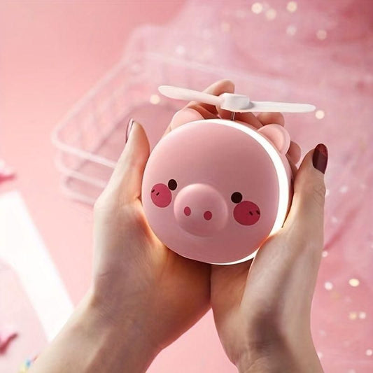 Cartoon Cute Piggy LED Lights Mirror Pocket Fan
