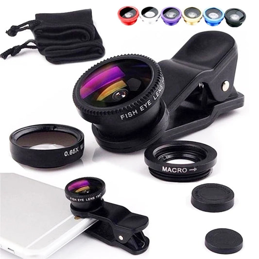 3 in 1 - Fisheye, Wide Angle, Macro Camera Lens for iPhone Xiaomi Redmi Samsung - 3IN1 Zoom Lens on Smartphone with Phone Clip