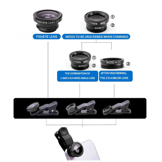 3 in 1 - Fisheye, Wide Angle, Macro Camera Lens for iPhone Xiaomi Redmi Samsung - 3IN1 Zoom Lens on Smartphone with Phone Clip